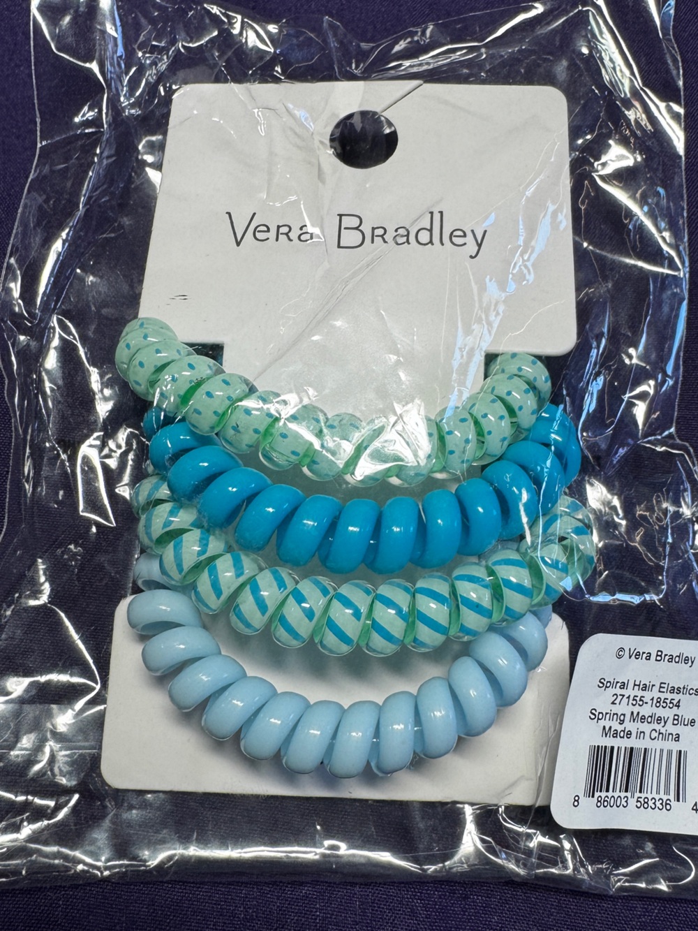 Vera Bradley Blue & Aqua Spiral Hair Coil Set - 4 Pack NWT